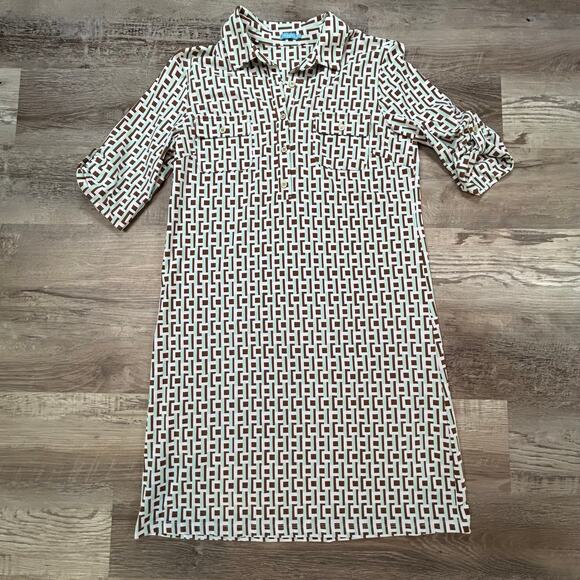 J.McLaughlin Catalina Cloth Geometric Shirt Dress Brown Mint Medium - Picture 1 of 6